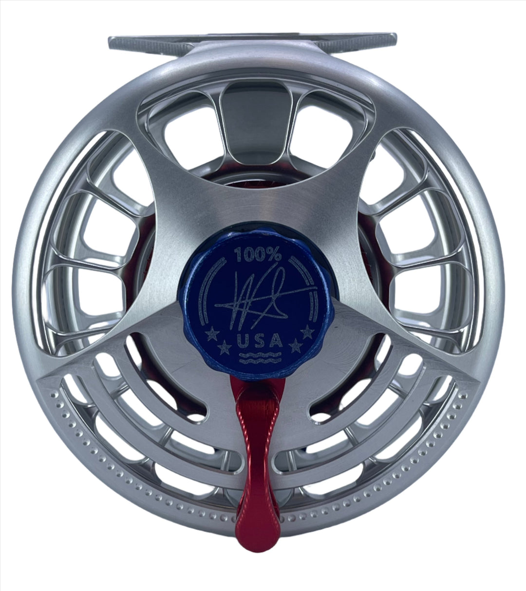 Seigler MF (9-10wt) -Silver w/ Matching Spool, Blue Drag Knob, Blue Handle, Red Lever, Red Thrust Plate (Custom -IN STOCK)