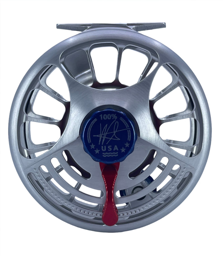 Seigler BFN (10-12wt) -Silver w/ Matching Spool, Blue Drag Knob, Blue Handle, Red Lever, Red Thrust Plate (Custom -IN STOCK)