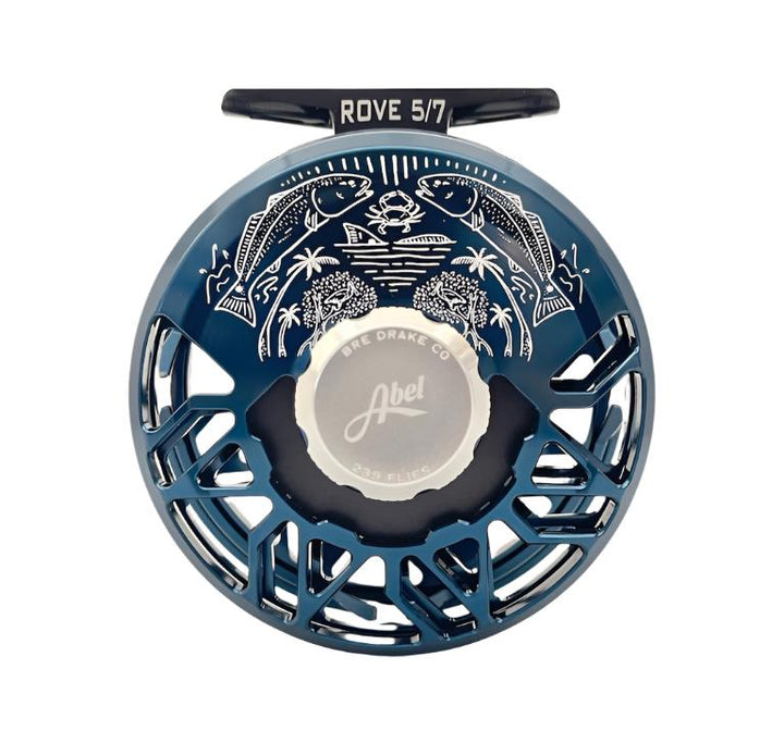 Abel Rove 5/7 Deep Blue w/Platinum Drag Knob and Platinum Handle & 239Flies Bre Drake Redfish Art(IN STOCK)