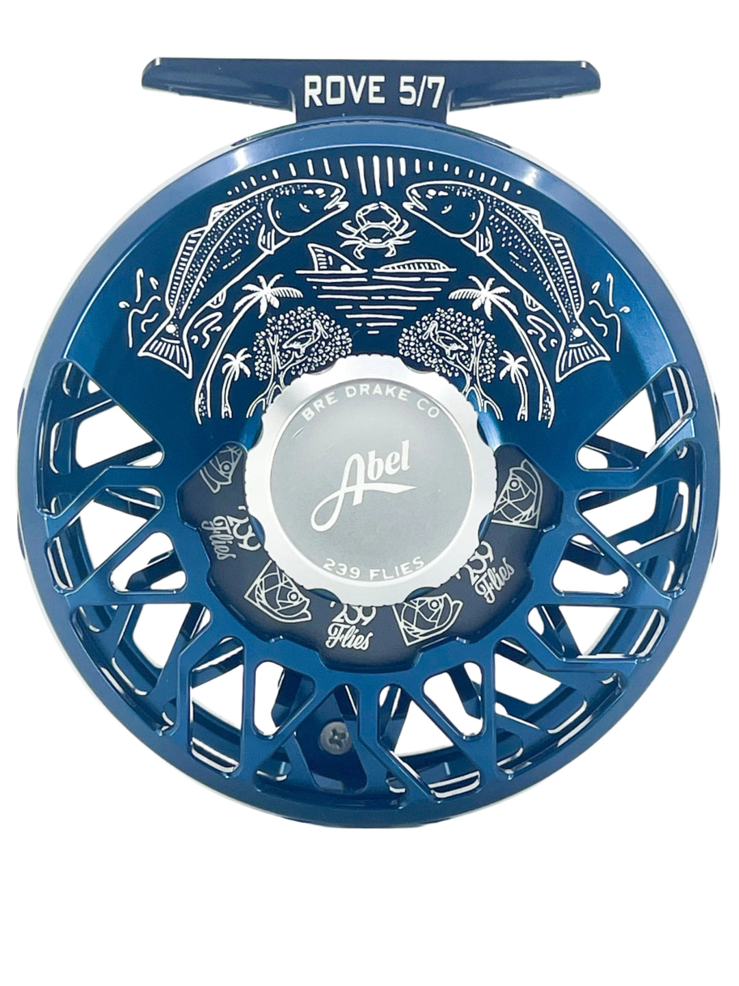Abel Rove 5/7 Deep Blue w/Platinum Drag Knob, Platinum Handle, 239 Drag Plate & 239 Flies Bre Drake Redfish Art(IN STOCK)