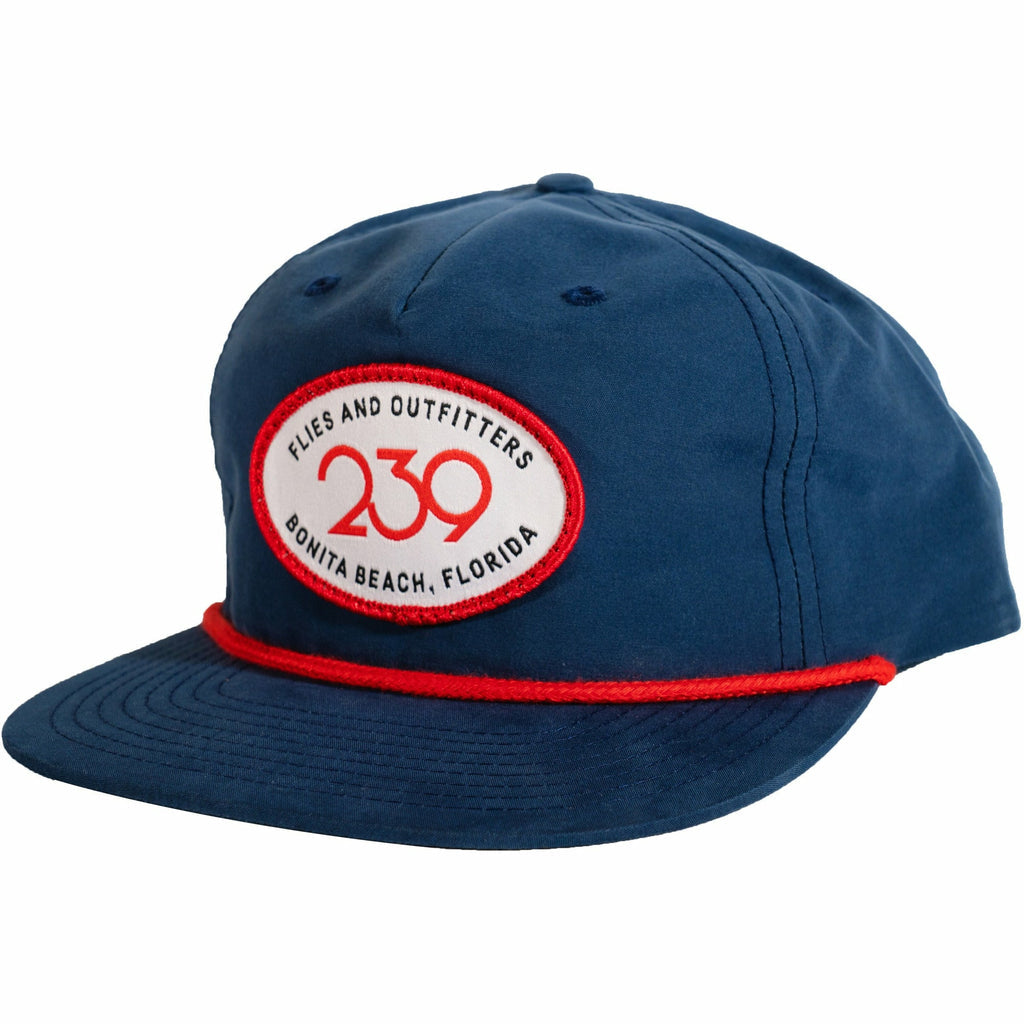 239 Happy Camper Patch Hat - Navy/Red Stripe